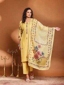 MEENA BAZAAR - Yellow Floral Print Round Neck Kurta with Pant and Dupatta
