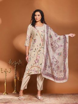 MEENA BAZAAR - Beige Floral Print Round Neck Kurta with Pant and Dupatta