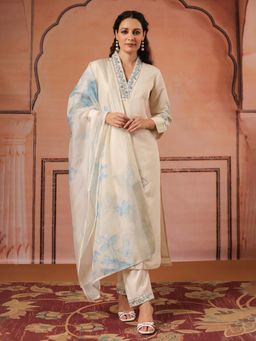 MEENA BAZAAR - Cream Embroidered V-Neck Kurta with Pant and Dupatta