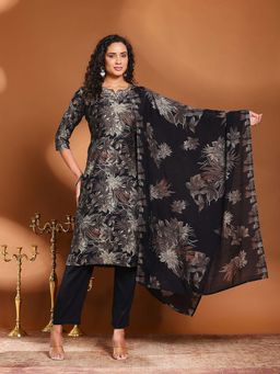 MEENA BAZAAR - Black Floral Print Round Neck Kurta with Pant and Dupatta