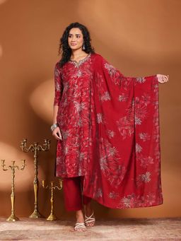 MEENA BAZAAR - Red Floral Print Round Neck Kurta with Pant and Dupatta