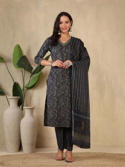 MEENA BAZAAR - Women Blue Printed V-Neck Kurta with Pant and Dupatta