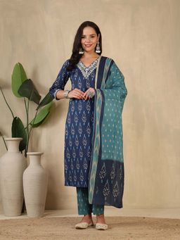 MEENA BAZAAR - Blue Printed V-Neck Kurta with Pant and Dupatta