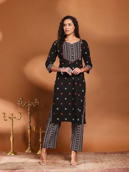 MEENA BAZAAR - Black Printed Round Neck Kurta with Pant