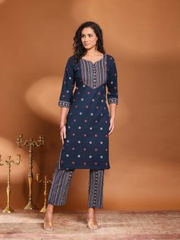 MEENA BAZAAR - Blue Printed Round Neck Kurta with Pant