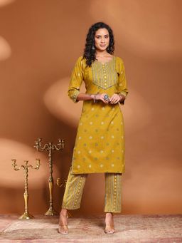 MEENA BAZAAR - Mustard Printed Round Neck Kurta with Pant