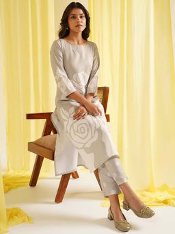 HRITIKA - Grey Floral Print Round Neck Kurta with Pant
