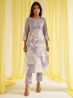 HRITIKA - Lavender Floral Print Round Neck Kurta with Pant
