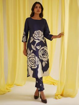 HRITIKA - Navy Blue Floral Print Round Neck Kurta with Pant