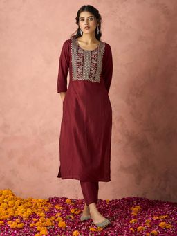 HRITIKA - Maroon Embroidered Round Neck Kurta with Pant