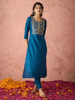 HRITIKA - Teal Embroidered Round Neck Kurta with Pant