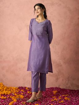 HRITIKA - Lavender Embroidered Round Neck Kurta with Pant