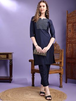 HRITIKA - Women Navy Blue Embroidered Round Neck Kurta with Pant