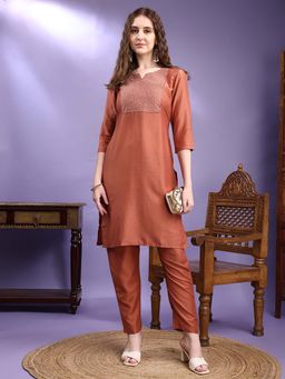 HRITIKA - Rust Embroidered Round Neck Kurta with Pant