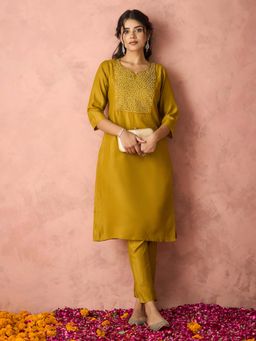 HRITIKA - Yellow Embroidered Round Neck Kurta with Pant