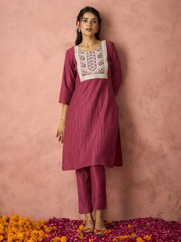 HRITIKA - Women Pink Embroidered Round Neck Kurta with Pant