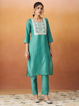 HRITIKA - Turquoise Embroidered Round Neck Kurta with Pant