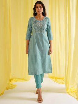 HRITIKA - Blue Embroidered Round Neck Kurta with Pant