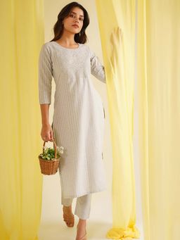 HRITIKA - Grey Embroidered Round Neck Kurta with Pant