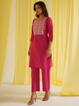 HRITIKA - Pink Embroidered Round Neck Kurta with Pant