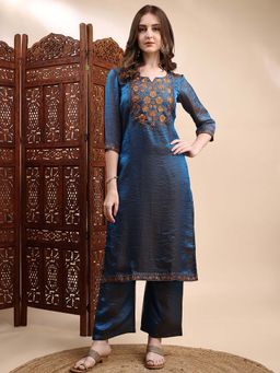 HRITIKA - Navy Blue Embroidered Round Neck Kurta with Pant