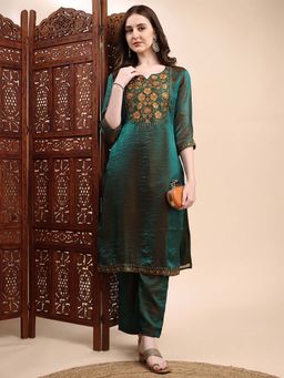 HRITIKA - Green Embroidered Round Neck Kurta with Pant