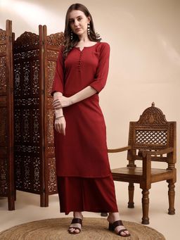 HRITIKA - Maroon Solid/Plain Round Neck Kurta with Pant