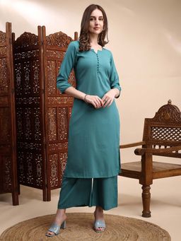 HRITIKA - Teal Solid/Plain Round Neck Kurta with Pant