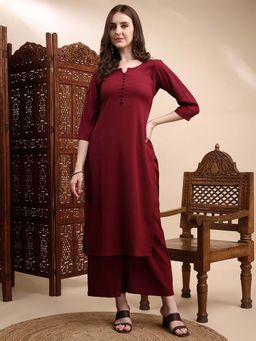 HRITIKA - Wine Solid/Plain Round Neck Kurta with Pant