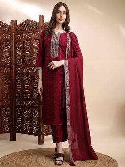 HRITIKA - Wine Embroidered Round Neck Kurta with Pant and Dupatta