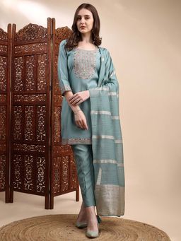 HRITIKA - Green Embroidered Round Neck Kurta with Pant and Dupatta