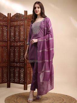 HRITIKA - Women Lavender Embroidered Round Neck Kurta with Pant and Dupatta