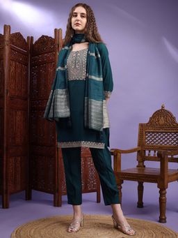 HRITIKA - Women Green Embroidered Round Neck Kurta with Pant and Dupatta