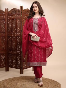 HRITIKA - Women Pink Embroidered Round Neck Kurta with Pant and Dupatta