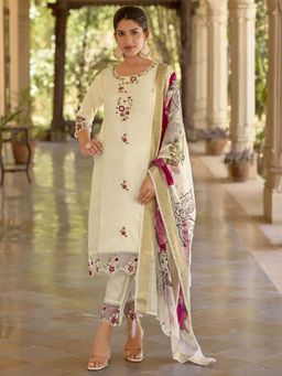 VredeVogel - White Silk Blend Women Kurta with Pant and Dupatta