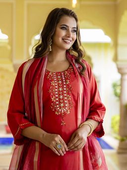 VredeVogel - Orange Silk Blend Women Kurta with Pant and Dupatta