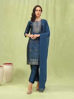 VredeVogel - Blue Cotton Silk Women Kurta with Pant and Dupatta