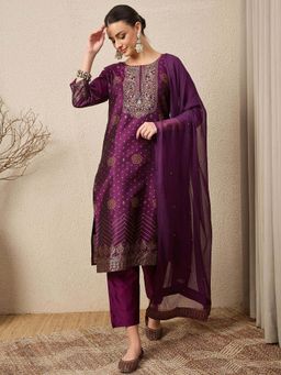 VredeVogel - Purple Cotton Silk Women Kurta with Pant and Dupatta