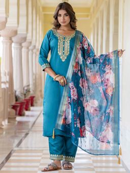 VredeVogel - Silk Blend Women Blue Kurta with Pant and Dupatta