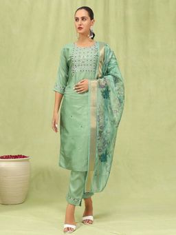 VredeVogel - Silk Blend Green Women Kurta with Pant and Dupatta