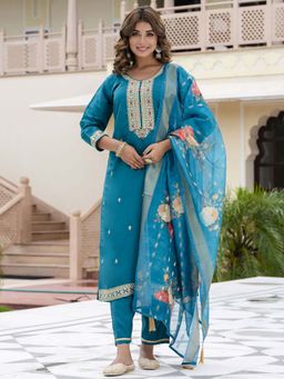 VredeVogel - Teal Silk Blend Women Kurta with Pant and Dupatta