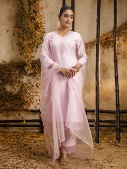 VredeVogel - Women's Pink Silk Blend Kurta with Pant and Dupatta