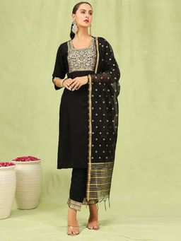 VredeVogel - Black Women Cotton Silk Kurta with Pant and Dupatta