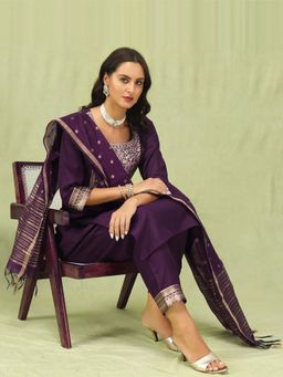 VredeVogel - Purple Cotton Silk Kurta with Pant and Dupatta