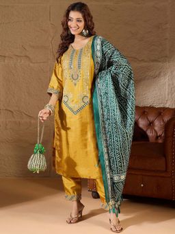VredeVogel - Women's Yellow Silk Blend Kurta with Pant and Dupatta