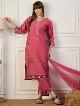 VredeVogel - Pink Viscose Rayon Women Kurta with Pant and Dupatta