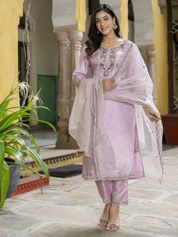 VredeVogel - Lavender Women Silk Blend Kurta with Pant and Dupatta