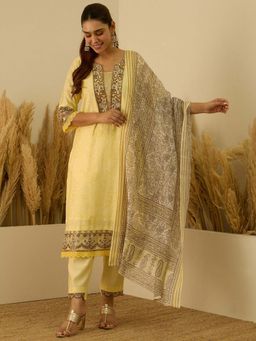 VredeVogel - Yellow Viscose Rayon Kurta with Pant and Dupatta