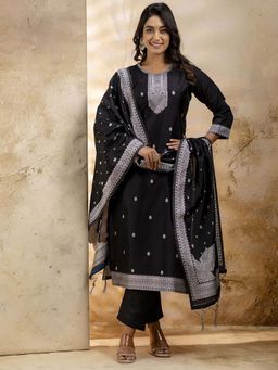 VredeVogel - Women Black Cotton Blend Woven Kurta with Pant and Dupatta