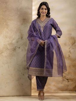 VredeVogel - Women Purple Silk Blend Embroidered Kurta with Pant and Dupatta